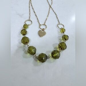Cookie Lee Gold Necklace w/Light Green Faceted Beads and Gold Heart Charm 36”
